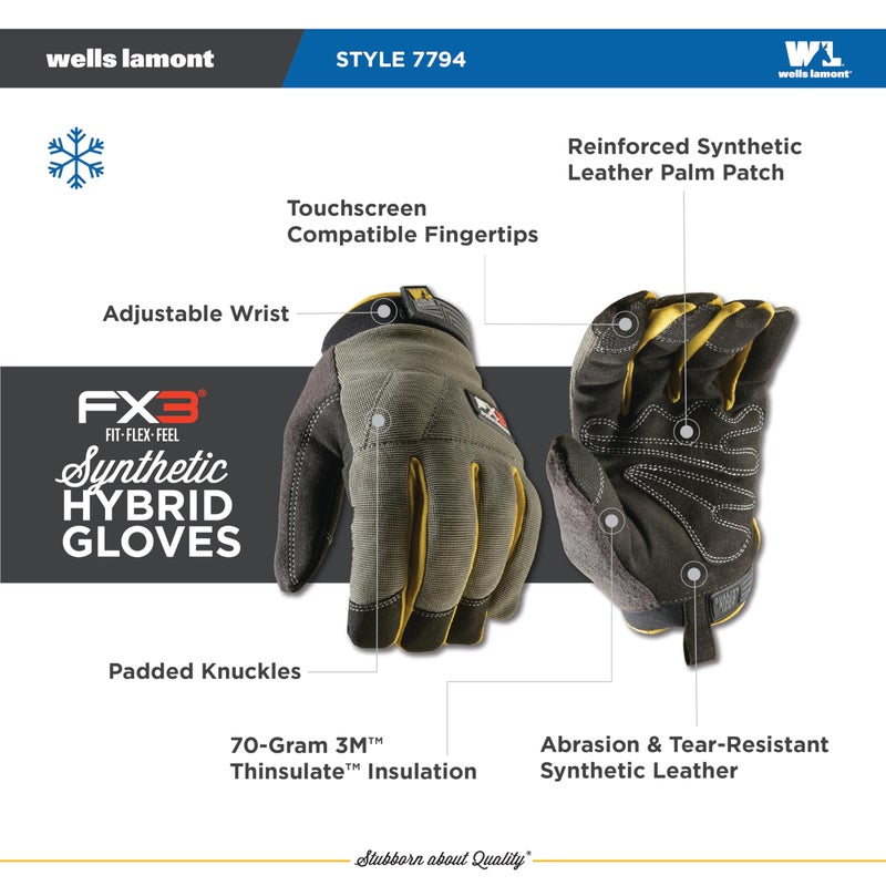 Wells Lamont FX3 Insulated Synthetic Leather Winter Work Gloves for Men â€“ Warm 3M Thinsulate, Fleece-Lined, Touchscreen â€“ Water-Resistant, Reinforced Palm, Adjustable Wrist â€“ Green, X-Large (7794XL) - Image 3